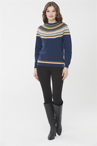 Женский шерстяной свитер с круглым вырезом и отделкой, индиго