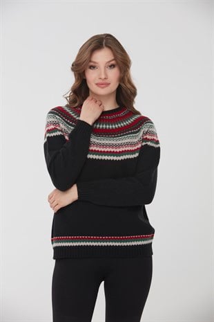 Женский шерстяной свитер с круглым вырезом и отделкой, черный