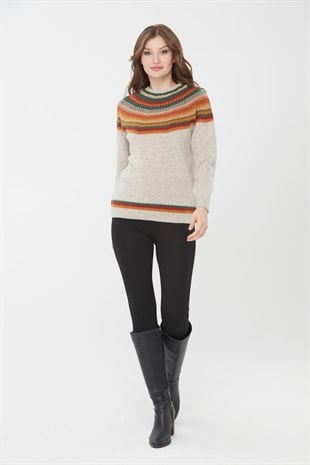 Женский шерстяной свитер с круглым вырезом и отделкой, бежевый 