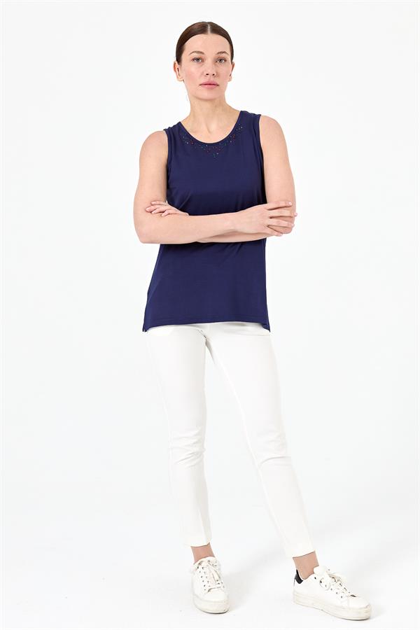 Kadın Sıfır Yaka İşlemeli Askılı Penye T-shirt Lacivert