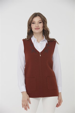 Женский шерстяной жилет с круглым вырезом отделкой на кармане, коричневый 