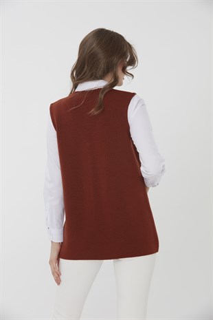 Женский шерстяной жилет с круглым вырезом отделкой на кармане, коричневый 