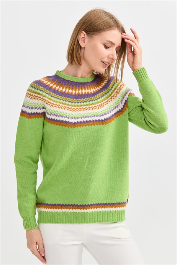Женский шерстяной свитер с круглым вырезом и отделкой Светло-сливово-зеленый