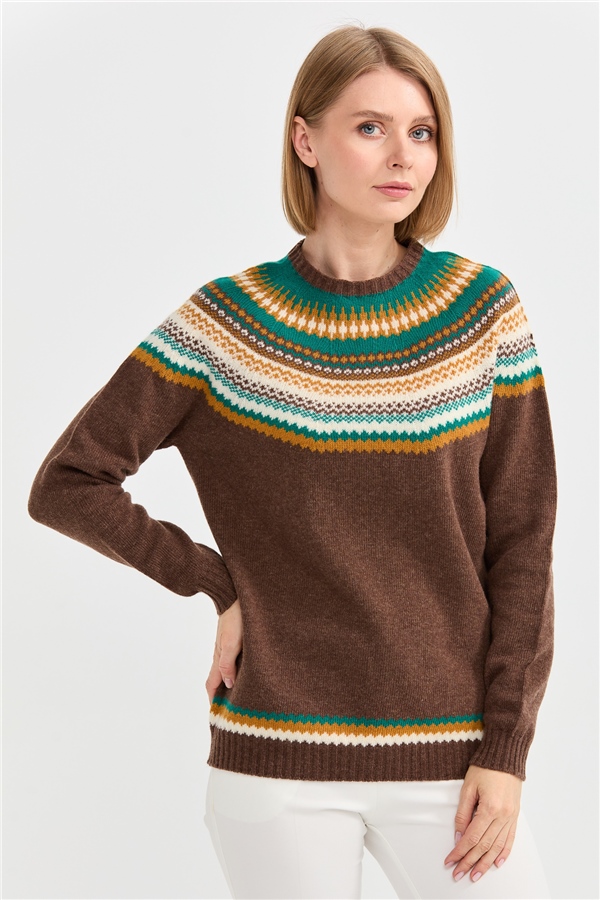 Женский шерстяной свитер с круглым вырезом и отделкой Темно коричневый