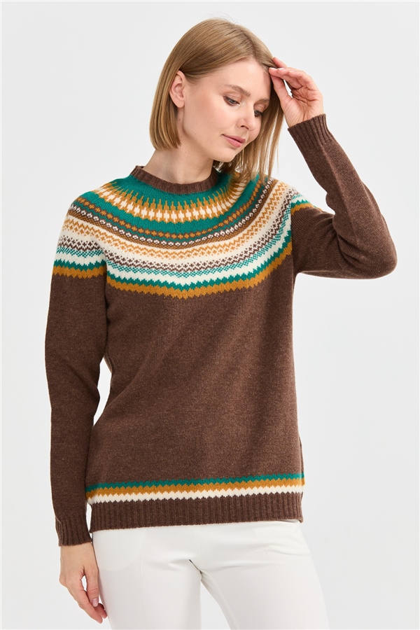 Женский шерстяной свитер с круглым вырезом и отделкой Темно коричневый