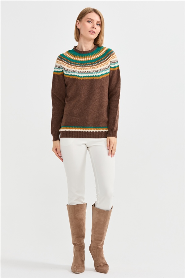 Женский шерстяной свитер с круглым вырезом и отделкой Темно коричневый