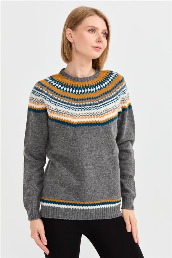 Женский шерстяной свитер с круглым вырезом и отделкой копченый