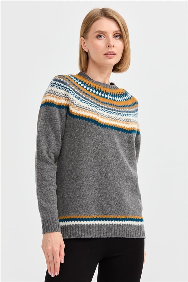 Женский шерстяной свитер с круглым вырезом и отделкой копченый