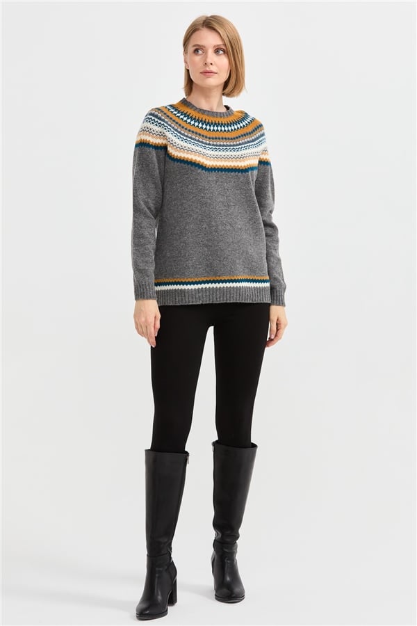 Женский шерстяной свитер с круглым вырезом и отделкой копченый