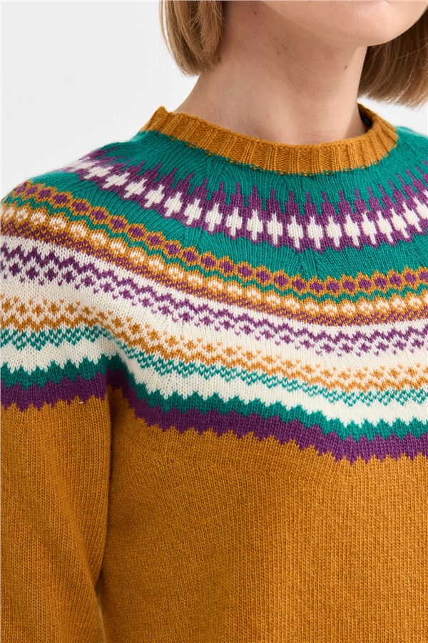 Женский шерстяной свитер с круглым вырезом и отделкой Горчица