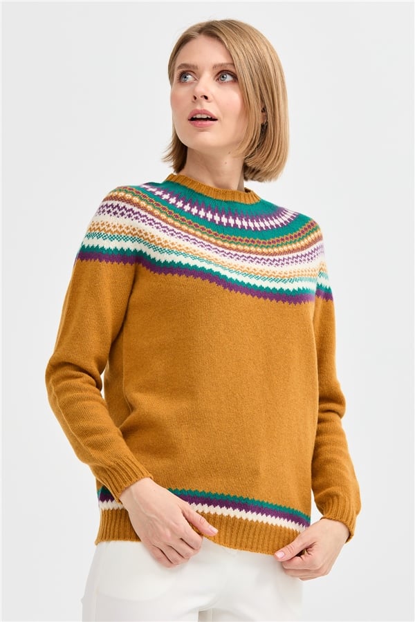 Женский шерстяной свитер с круглым вырезом и отделкой Горчица