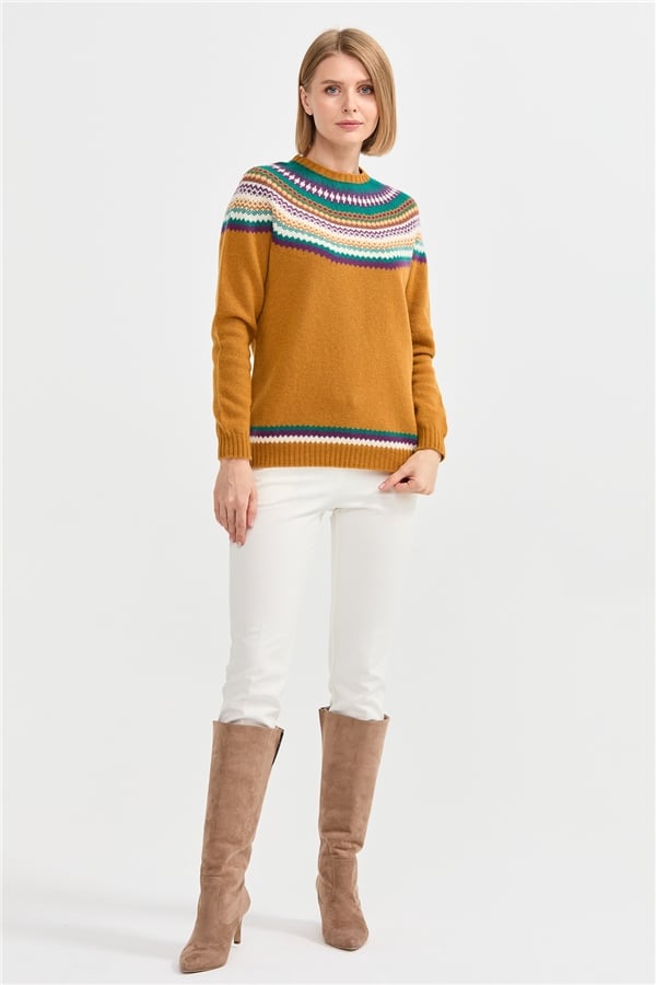 Женский шерстяной свитер с круглым вырезом и отделкой Горчица