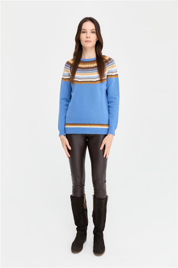 Kadın Sıfır Yaka Jakarlı Yün Kazak O.Mavi