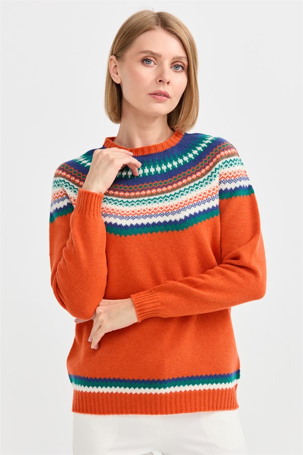 Женский шерстяной свитер с круглым вырезом и отделкой апельсин