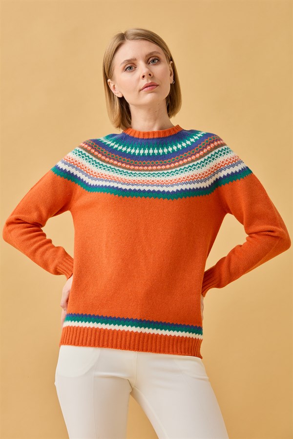 Женский шерстяной свитер с круглым вырезом и отделкой апельсин