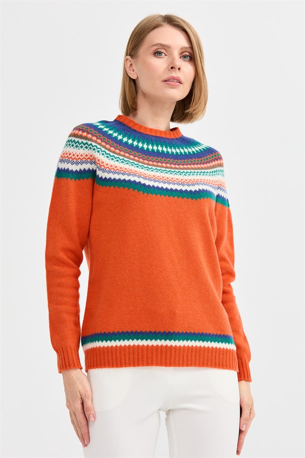 Женский шерстяной свитер с круглым вырезом и отделкой апельсин