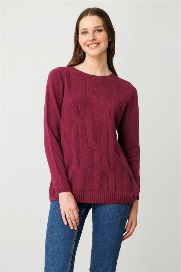 Kadın Sıfır Yaka Kalın Yürütmeli Yün Kazak Mürdüm