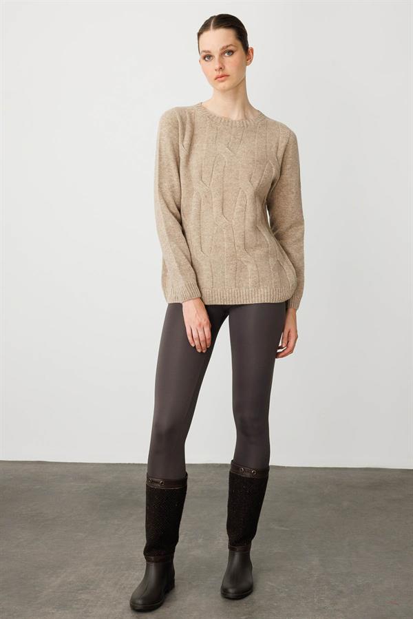 Kadın Sıfır Yaka Kalın Yürütmeli Yün Kazak K.Bej