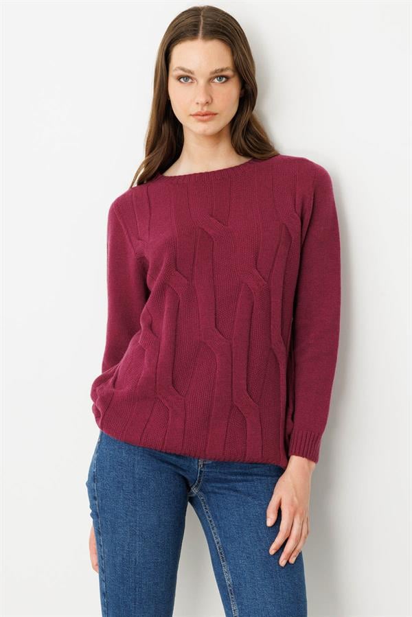 Kadın Sıfır Yaka Kalın Yürütmeli Yün Kazak Mürdüm