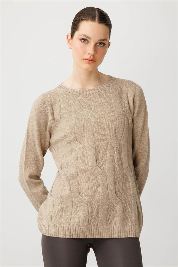 Kadın Sıfır Yaka Kalın Yürütmeli Yün Kazak K.Bej