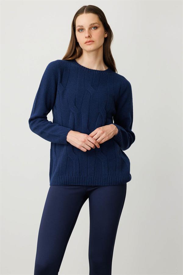 Kadın Sıfır Yaka Kalın Yürütmeli Yün Kazak İndigo