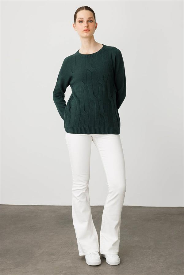 Kadın Sıfır Yaka Kalın Yürütmeli Yün Kazak Yeşil