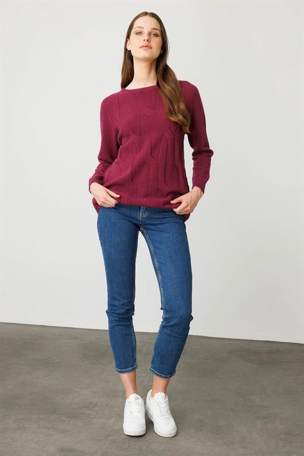 Kadın Sıfır Yaka Kalın Yürütmeli Yün Kazak Mürdüm