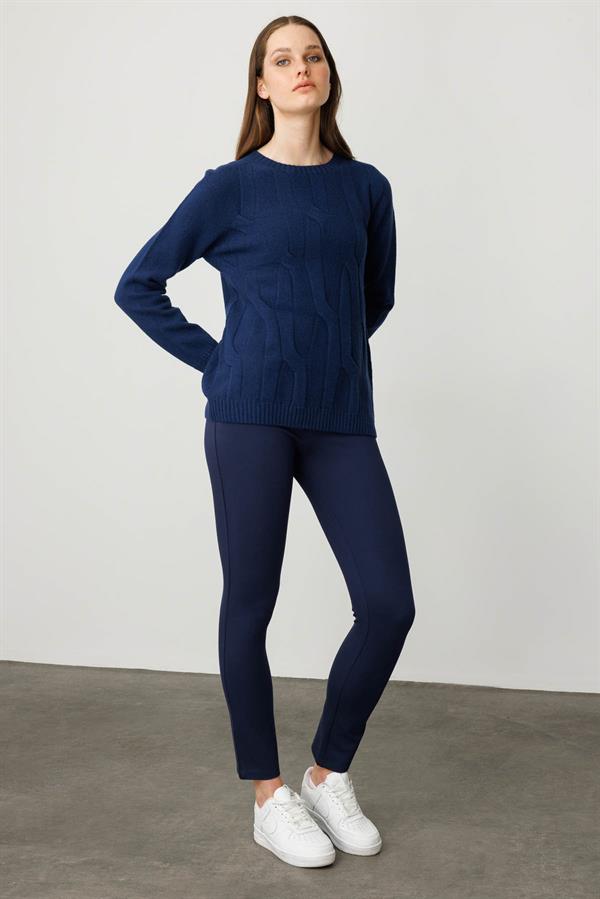 Kadın Sıfır Yaka Kalın Yürütmeli Yün Kazak İndigo