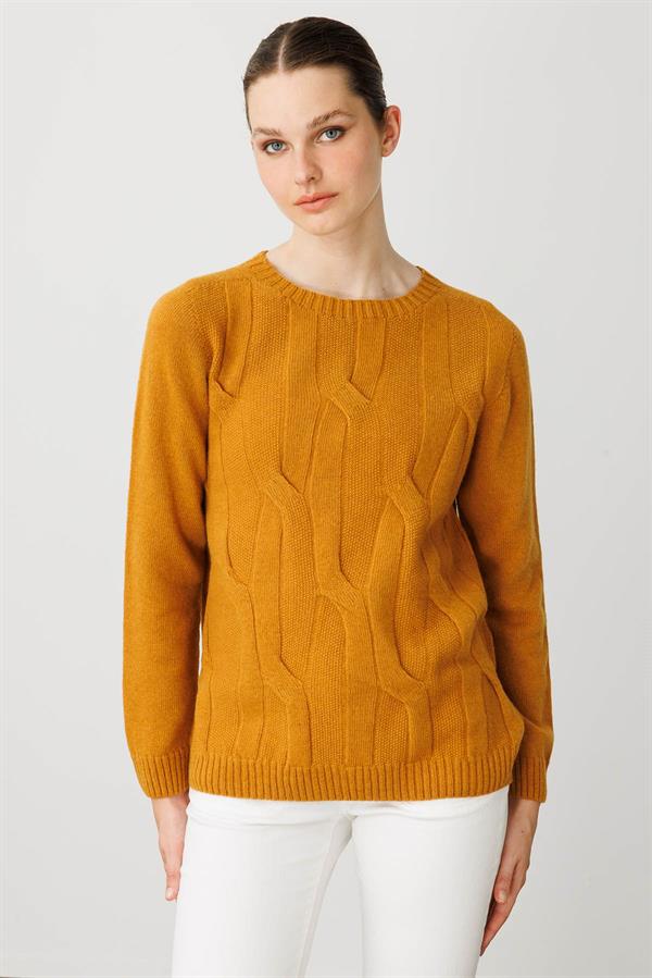 Kadın Sıfır Yaka Kalın Yürütmeli Yün Kazak Hardal