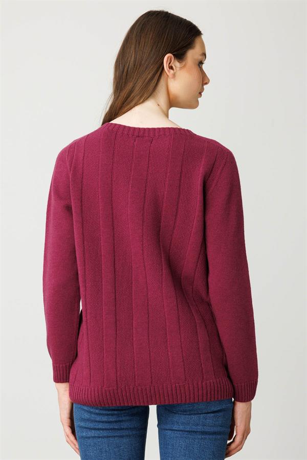 Kadın Sıfır Yaka Kalın Yürütmeli Yün Kazak Mürdüm