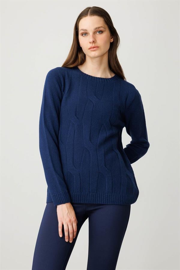 Kadın Sıfır Yaka Kalın Yürütmeli Yün Kazak İndigo