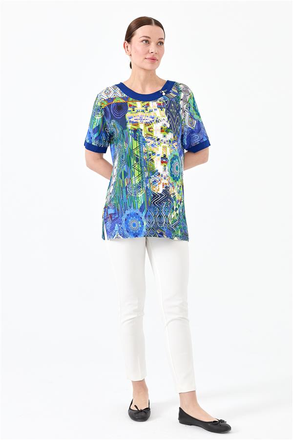 Kadın Sıfır Yaka Karışık Desenli Penye T-shirt Saks
