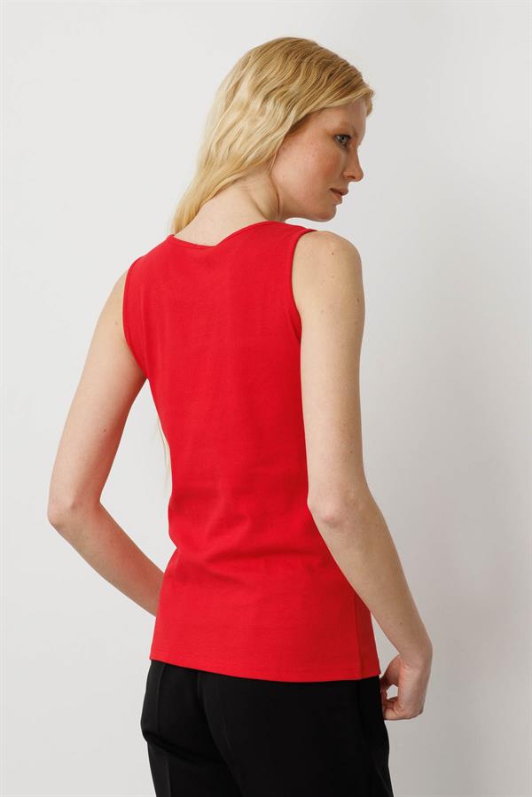Kadın Sıfır Yaka Kaşkorse Pamuklu Askılı T-shirt Kırmızı