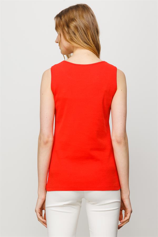 Женская хлопковая облегающая майка на бретельках с круглым вырезом оранжевая 