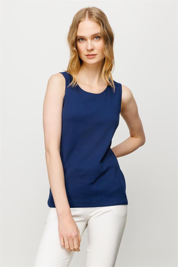 Женская хлопковая облегающая майка на бретельках с круглым вырезом темно синяя 