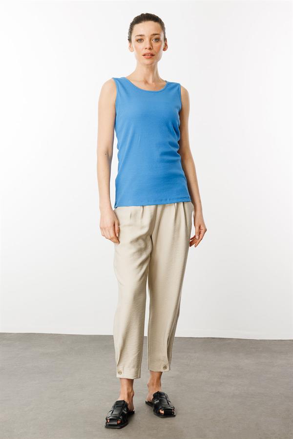 Kadın Sıfır Yaka Kaşkorse Pamuklu Askılı T-shirt Mavi