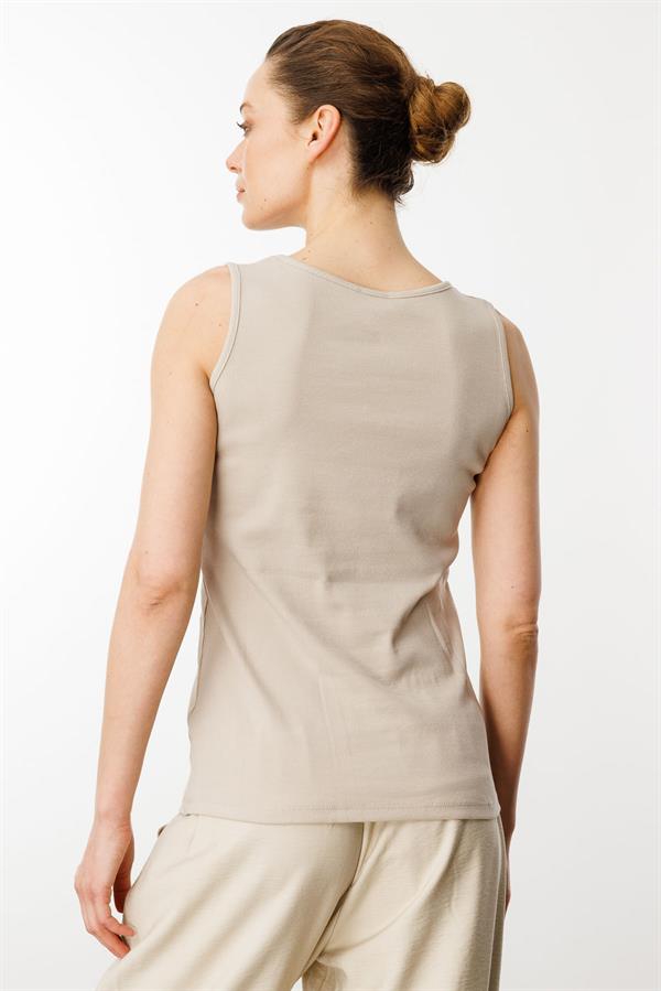 Kadın Sıfır Yaka Kaşkorse Pamuklu Askılı T-shirt Bej