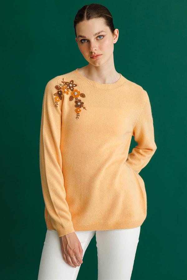 Kadın Sıfır Yaka Kaşmir Kazak Somon