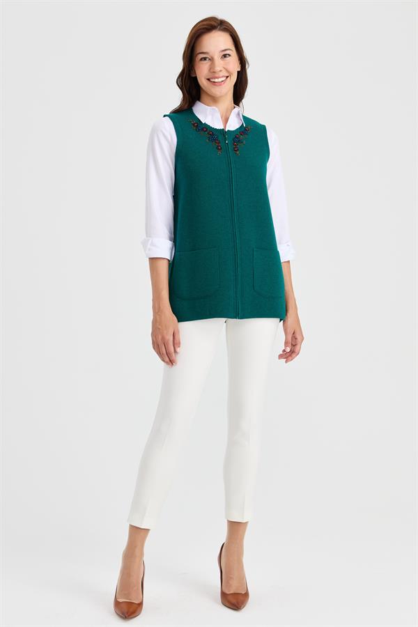 Женский шерстяной жилет с кружевной вышивкой и нулевым воротником