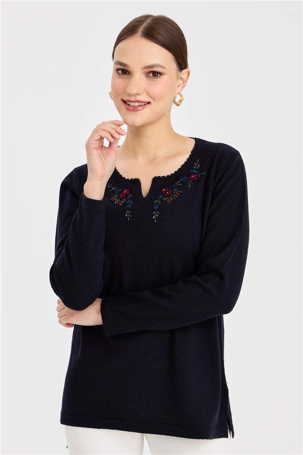 Kadın Sıfır Yaka Kenarı Dantel İşlemeli Yün Kazak K.Lacivert