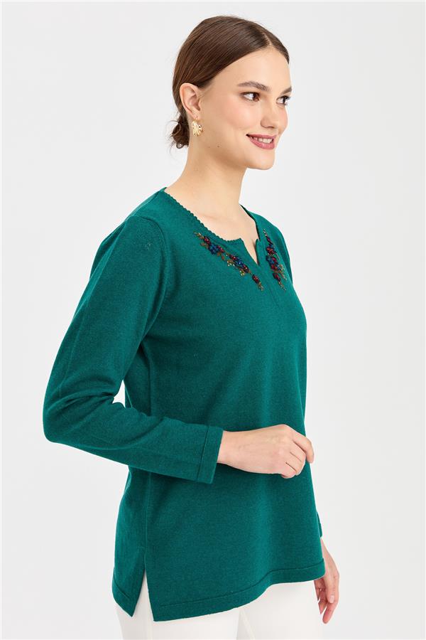 Kadın Sıfır Yaka Kenarı Dantel İşlemeli Yün Kazak K.Ö.başı