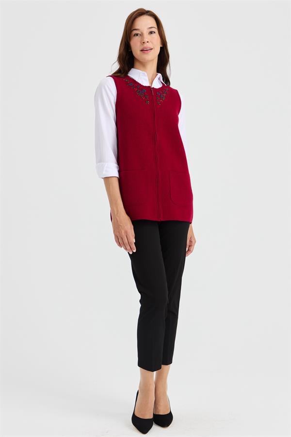 Женский шерстяной жилет с кружевной вышивкой и нулевым воротником