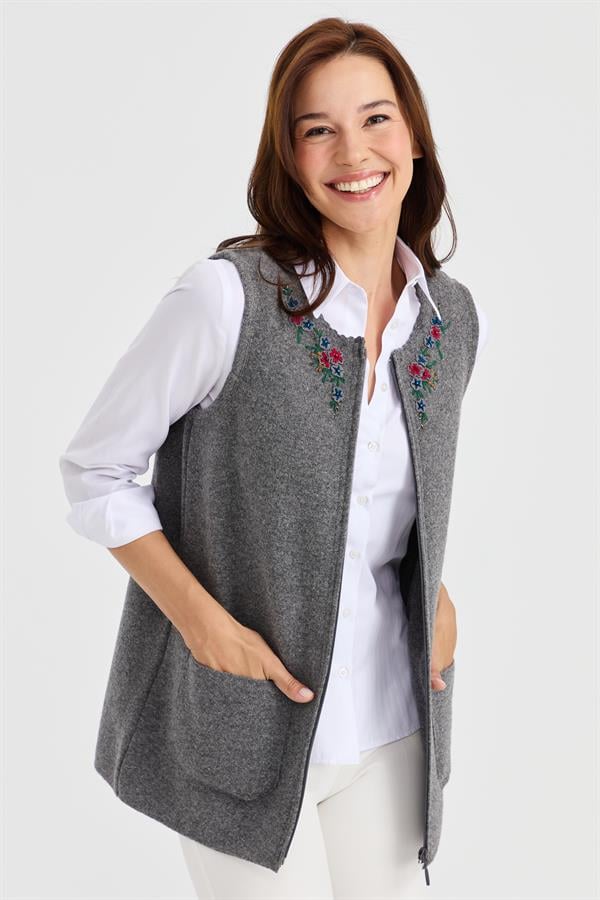 Женский шерстяной жилет с кружевной вышивкой и нулевым воротником