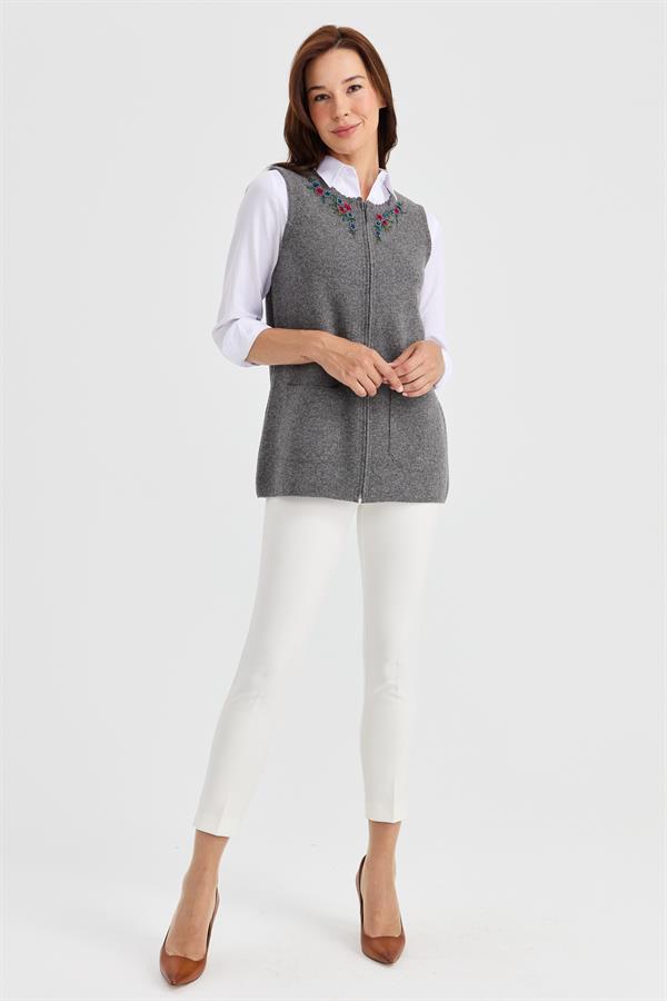 Женский шерстяной жилет с кружевной вышивкой и нулевым воротником