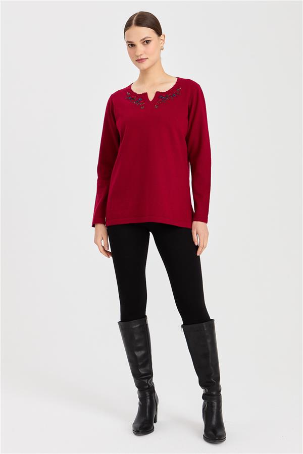 Kadın Sıfır Yaka Kenarı Dantel İşlemeli Yün Kazak V.Çürüğü