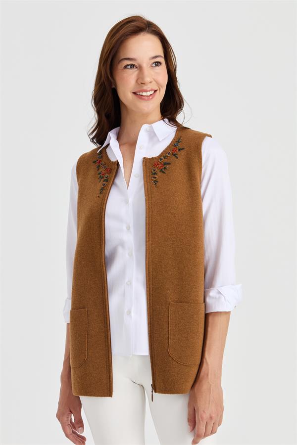Женский шерстяной жилет с кружевной вышивкой и нулевым воротником