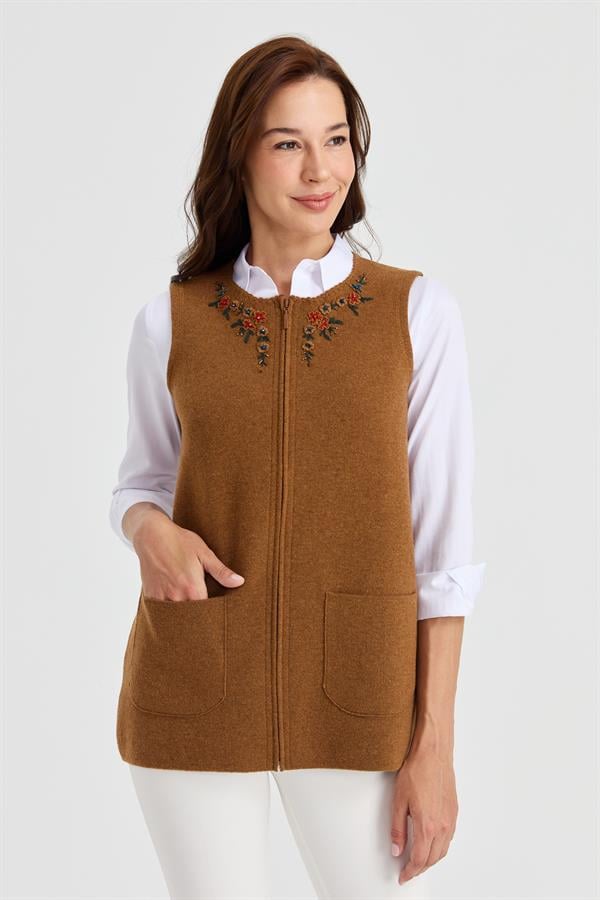 Женский шерстяной жилет с кружевной вышивкой и нулевым воротником