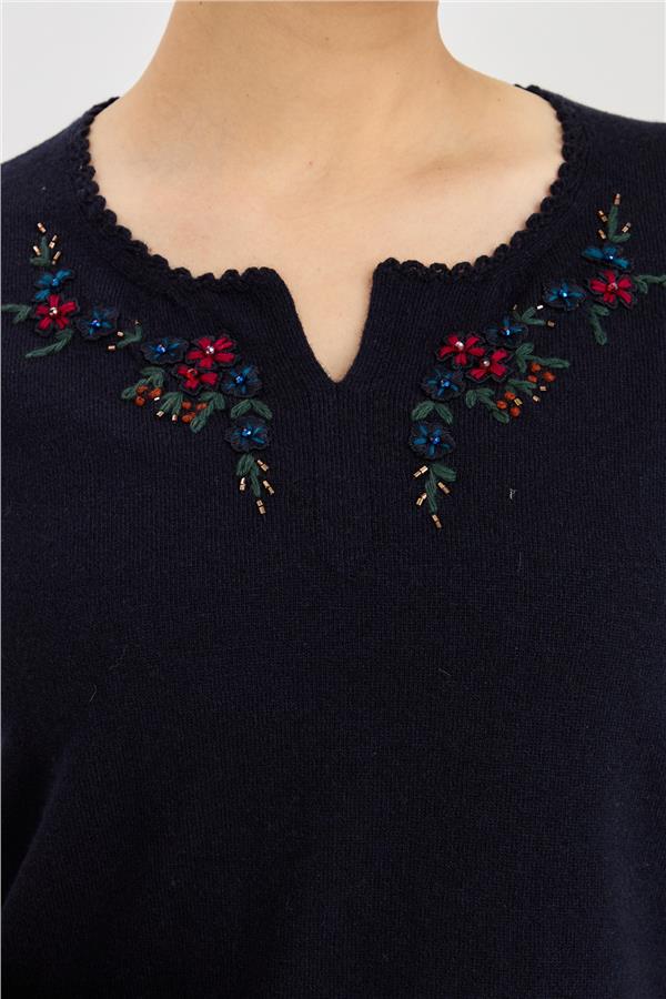 Kadın Sıfır Yaka Kenarı Dantel İşlemeli Yün Kazak K.Lacivert