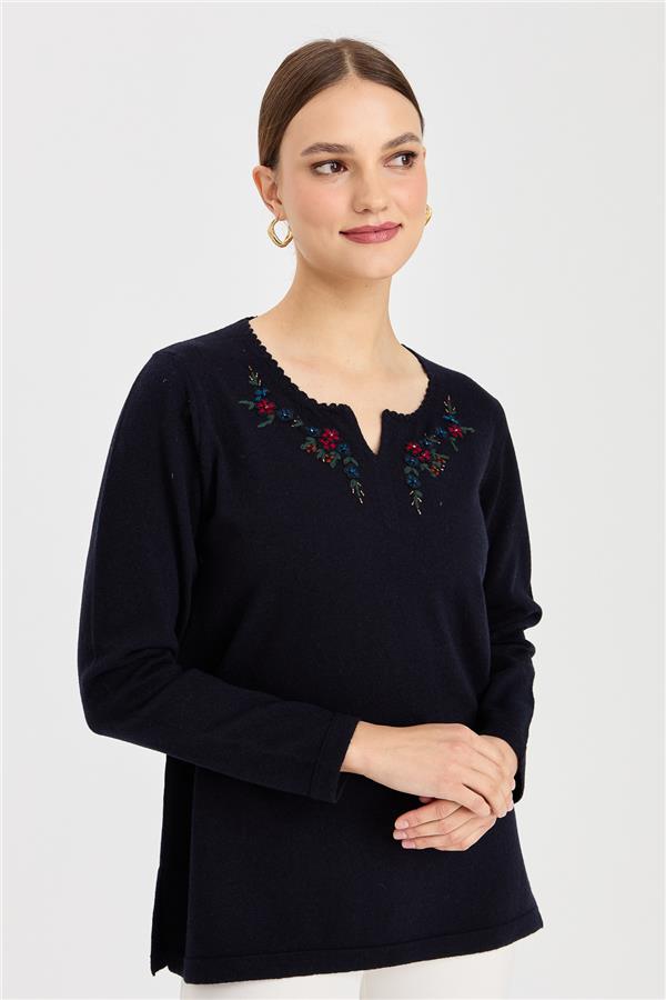 Kadın Sıfır Yaka Kenarı Dantel İşlemeli Yün Kazak K.Lacivert