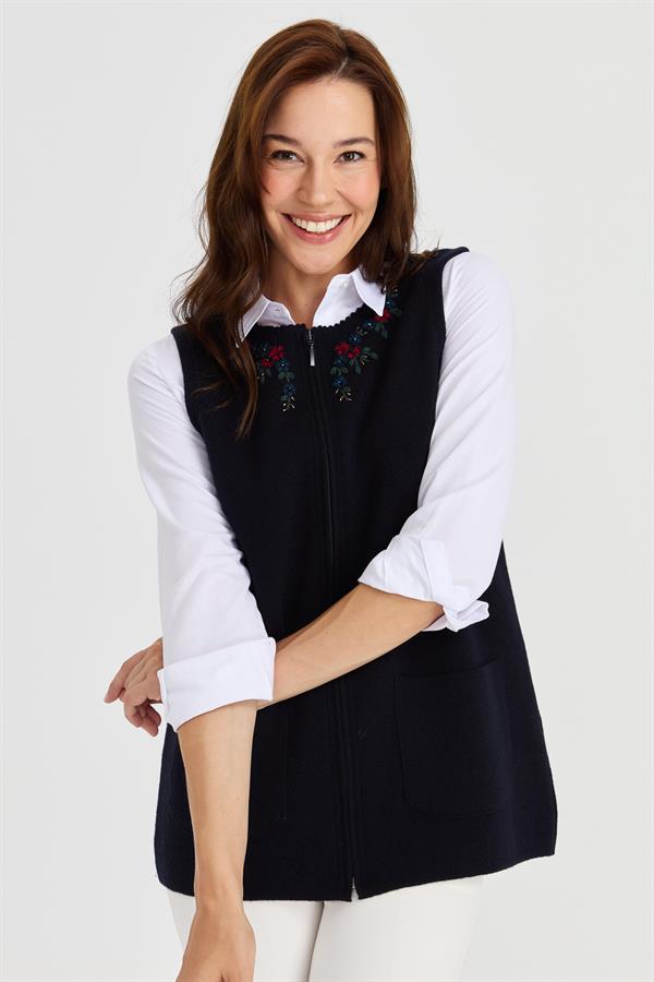 Женский шерстяной жилет с кружевной вышивкой и нулевым воротником